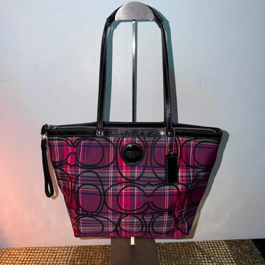 Vintage Coach Signature Tartan Plaid Zip Tote