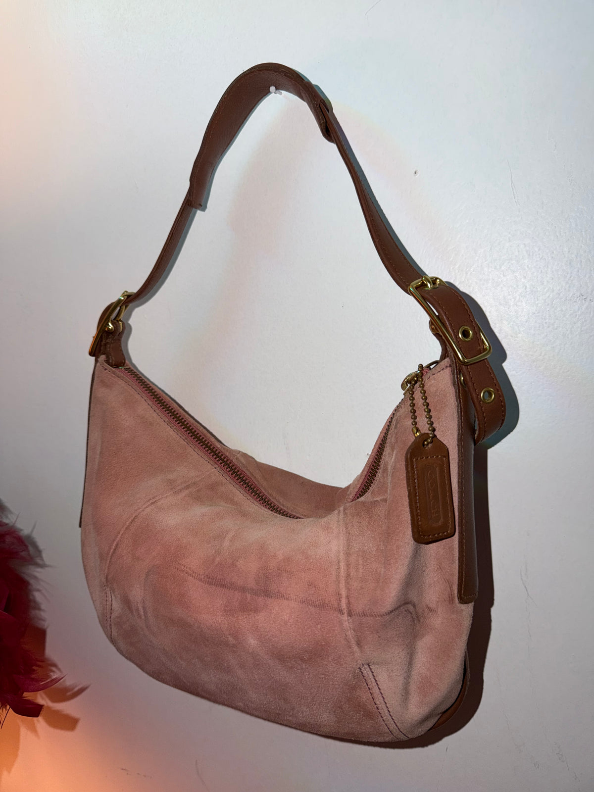 Vintage 2001 Coach suede hobo in blush pink with tan leather trim