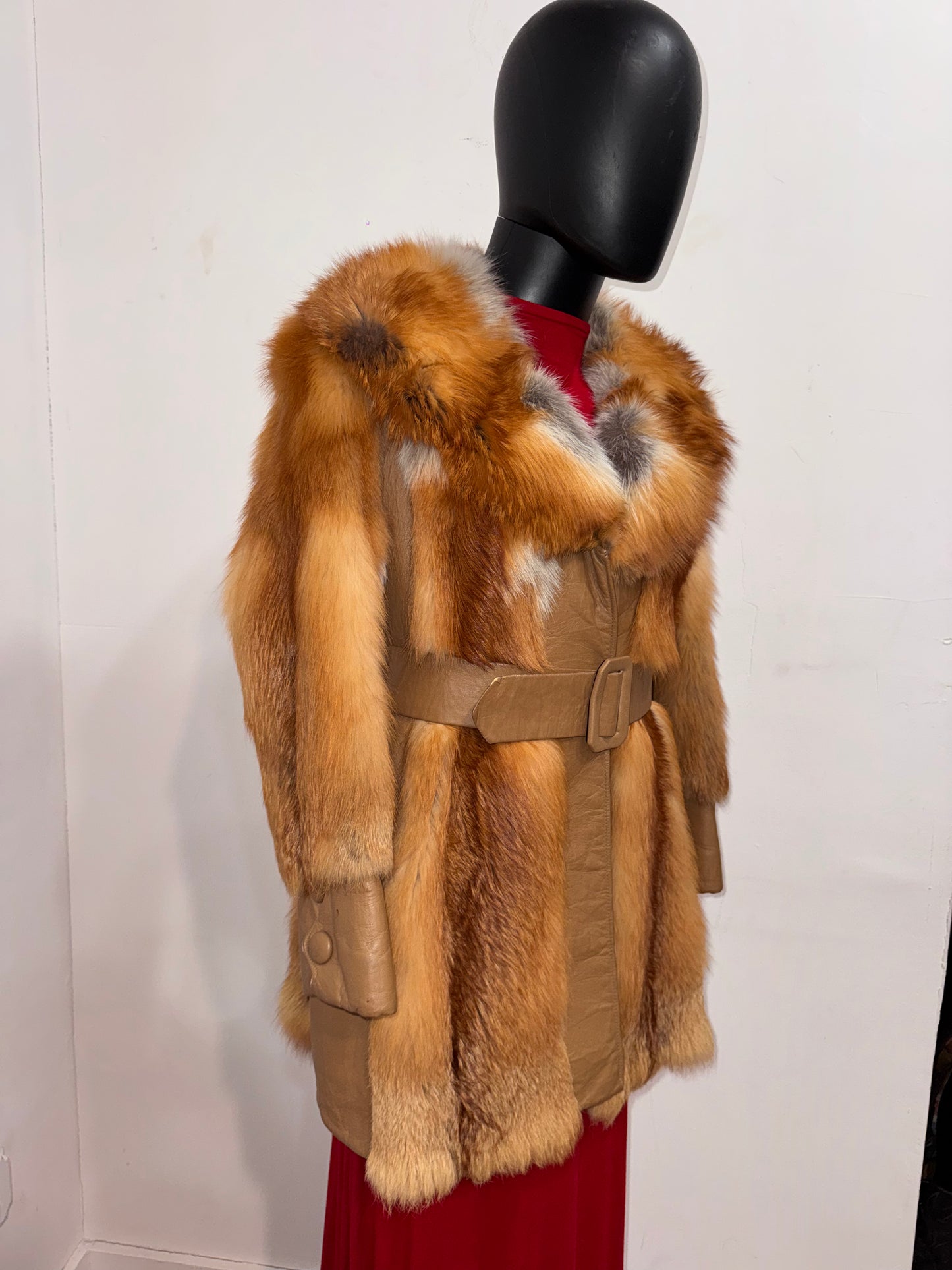 Vintage Red Fox and Leather Belted Jacket